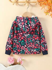 SHEIN 女小童印花毛絨內襯連帽夾克 - 寶藍色 - 查看 2