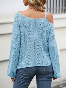 SHEIN LUNE 不對稱領前扭結網眼針織套頭毛衣 - 淺藍色 - 查看 2