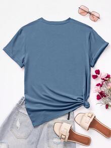SHEIN LUNE Heart And Letter Graphic Tee - Dusty Blue - View 2