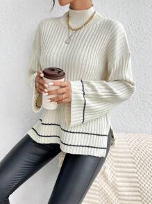 LanaWest Mock Neck Drop Shoulder Split Hem Sweater,Long Sleeve Tops Knit Pullover Fall Winter Sweater - Beige - View 3