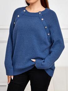 SHEIN Frenchy Plus Button Detail Raglan Sleeve Sweater In Fall/Winter - Blue - View 3