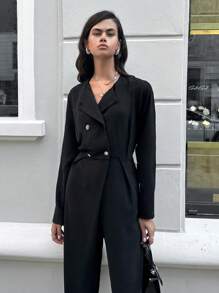 SHEIN Cottnline Double Breasted Wide Leg Jumpsuit - Black - View 5