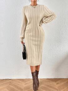 SHEIN Privé Vestido de punto unicolor tejido de canalé sin cinturón - Caqui - Ver 6