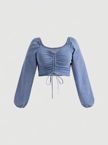 SHEIN MOD Plus Drawstring Front Lantern Sleeve Crop Denim Top - Light Wash - View 1