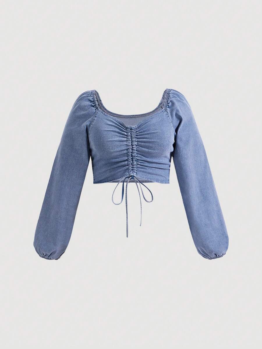 SHEIN MOD Plus Drawstring Front Lantern Sleeve Crop Denim Top - Light Wash - View 1