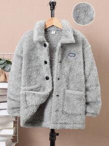 SHEIN 男大童字母補丁細節雙口袋落肩袖絨毛外套 - 灰色 - 查看 1