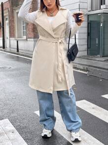 Calvaya Plus Waterfall Collar Belted Vest Trench Coat - Khaki - View 6