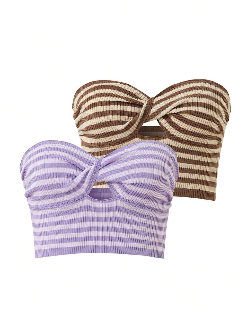 2pcs Striped Pattern Twist Front Tube Knit Top