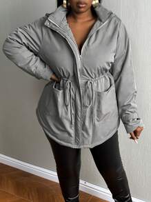 Slaydiva Plus Size Flap Pocket Drawstring Waist Hooded Padded Coat - Dark Grey - View 3