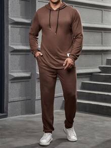 Manfinity Homme 男士大码貼布細節抽繩連帽衫和運動褲 - 咖啡棕 - 查看 3