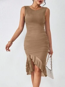 Allurite Vestido fruncido bajo con fruncido fruncido bajo asimétrico - Caqui - Ver 5