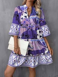 SHEIN VCAY 幾何印花荷葉袖荷葉邊娃娃裙 - 紫色 - 查看 4