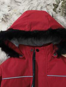 SHEIN 男小童字母補丁細節毛茸邊連帽加絨內裏外套 - 酒紅色 - 查看 7