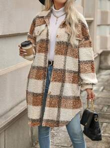 Chiquease Plaid Pattern Drop Shoulder Flap Detail Teddy Coat - Multicolor - View 4