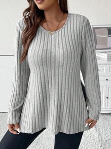 Calvaya 大碼條紋針織下擺開叉T恤 - 淺灰色 - 查看 1