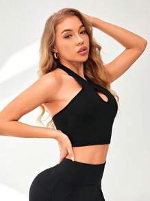 前鏤空短款運動掛脖上衣 - 黑色 - 查看 3