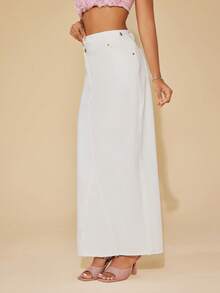 SHEIN BAE High Waist Button Detail Denim Skirt - White - View 3