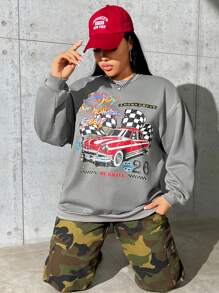 SHEIN EZwear Talla grande Sudadera con estampado de coche y letra de hombros caídos