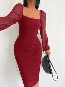 EURMUSE Vestido ajustado de cuello cuadrado de manga farol fruncido - Rojo - Ver 5