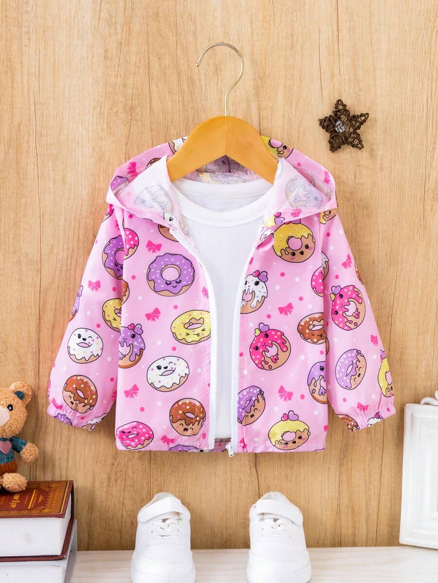 SHEIN 男嬰甜甜圈圖案拉鏈開襟連帽夾克不帶T恤 - 粉色 - 查看 1