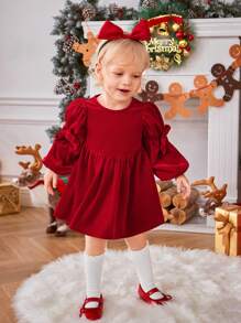SHEIN Baby Girl Bow Front Lantern Sleeve Dress for Christmas "Mommy&Me"(3 pieces are sold separately)