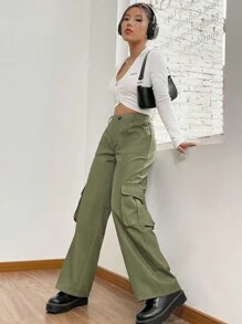 SHEIN EZwear 側翻蓋口袋工裝褲 - 綠色 - 查看 4