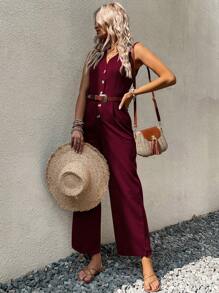 SHEIN Holidaya 休閒前紐扣純色女士連體褲