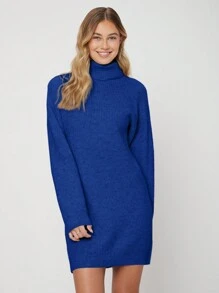 EURMUSE Solid Turtleneck Drop Shoulder Sweater Dress - Royal Blue - View 5