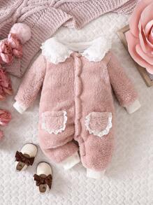 Baby Girl Contrast Statement Collar Dual Pocket Teddy Jumpsuit - Pink - View 1