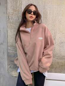 DAZY Letter Patched Detail Drop Shoulder Quarter Zip Sweatshirt,Fall Women Clothes - Coral Pink - View 1