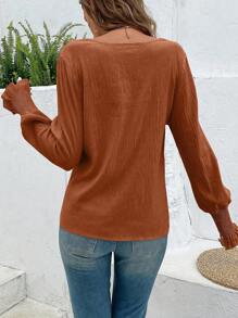 SHEIN Clasi 素色V領燈籠袖襯衫 - 咖啡棕 - 查看 2