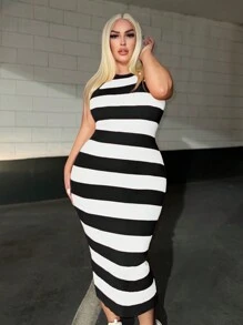 SHEIN SXY 大碼條紋圖案緊身毛衣洋裝 - 黑與白 - 查看 5