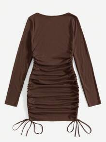 SHEIN EZwear 大圓領側抽繩褶邊洋裝 - 棕色 - 查看 2