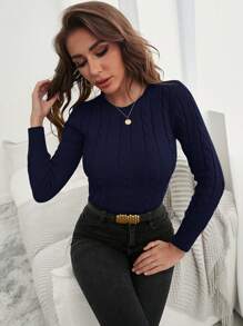 EURMUSE Solid Cable Knit Sweater - Navy Blue - View 4