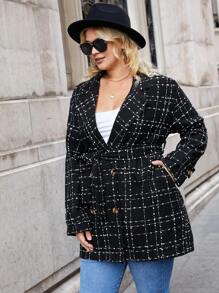 RueChic Plus Plaid Double Breasted Belted Overcoat - Black and White - View 4