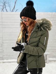 Anewsta Winter Casual Solid Color Fur Hooded Padded Coat