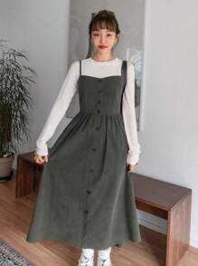 DAZY 斜口袋前紐扣燈芯絨吊帶洋裝不帶T恤 - 綠色 - 查看 4