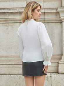SHEIN Privé Tie Neck Flounce Sleeve Tie Front Blouse - White - View 2