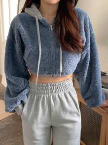 Dazy Tall Panel Tương phản Thả vai Dây rút Mùa vụ Flannelette Áo khoác - Màu xanh bụi bặm - Xem 5