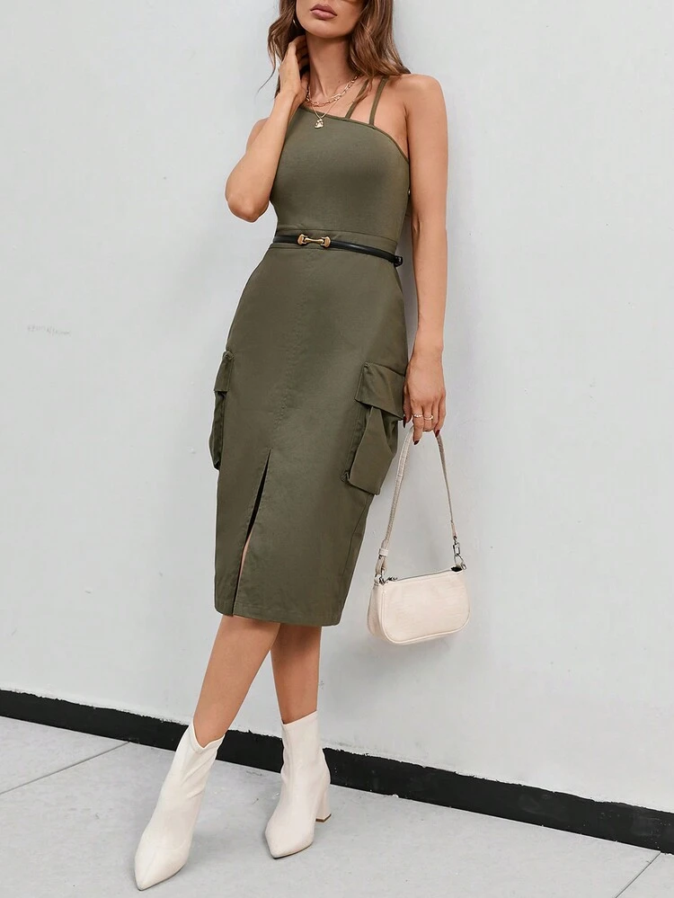 Asymmetrical Neck Flap Pocket Split Dress Without Belt