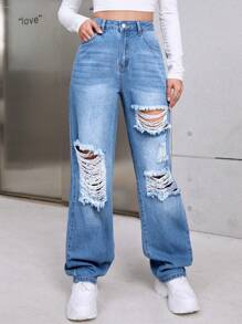 破洞直筒牛仔褲 - 藍色 - 查看 3