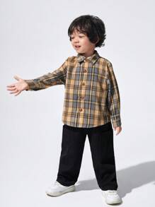 SHEIN Young Boy Plaid Print Shirt & Button Front Vest & Pants - Brown - View 5