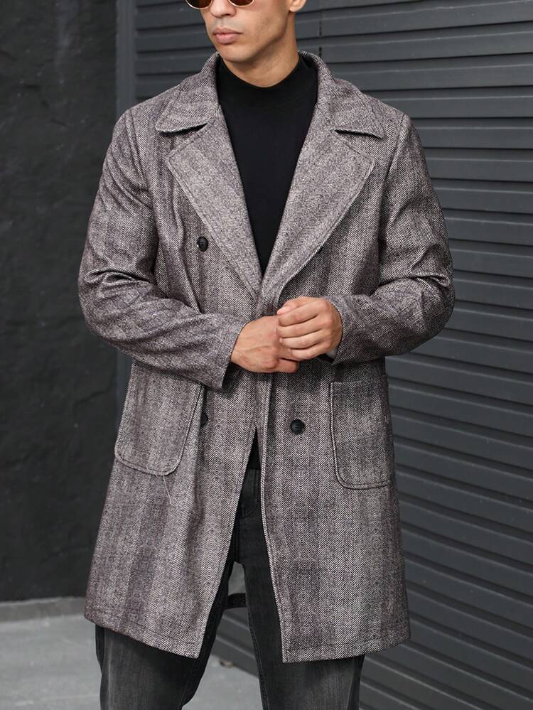 Men Herringbone Pattern Double Breasted Overcoat