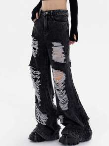 Ripped Wide Leg Jeans - Black - View 6