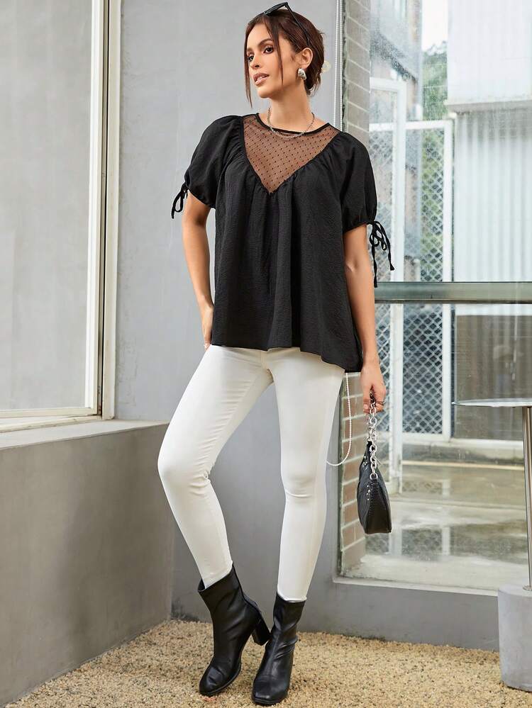 Contrast Mesh Knot Cuff Puff Sleeve Blouse