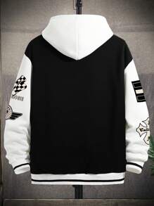 Manfinity 寬鬆男款字母印花與兩色設計校隊夾克 - 黑與白 - 查看 5