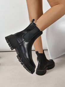 女士秋冬新款英伦风切尔西踝靴，轻便厚底防滑时尚经典黑色短靴，女靴 - 黑色 - 查看 3