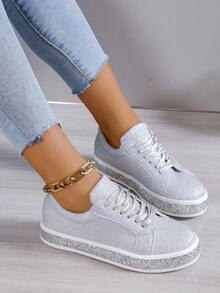 女性時尚耐磨繫帶鞋帶閃閃發光裝飾,銀平底運動鞋適用於休閒&運動 - 銀色 - 查看 4