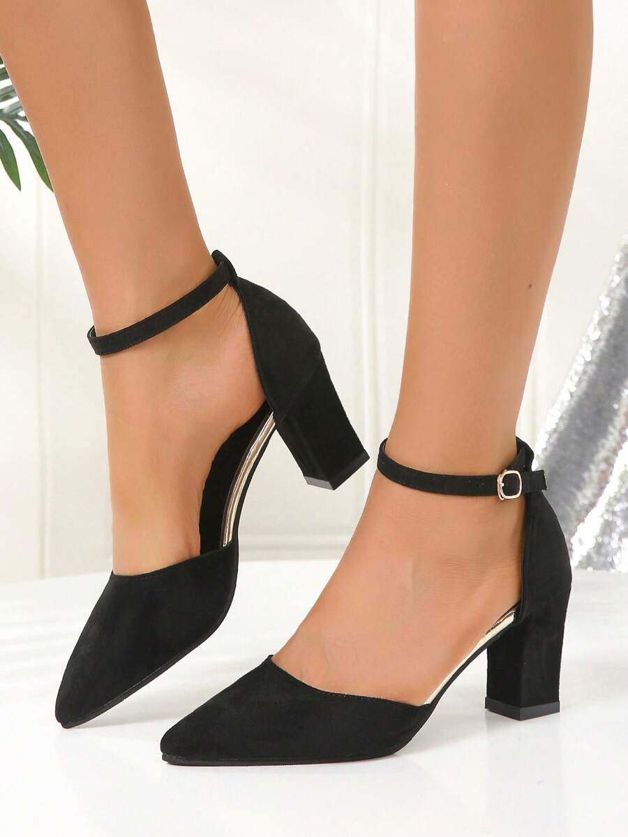 Höst/vinter Damskor med spetsig tå, grov klack och ankelrem, eleganta - Svart - Visa 1