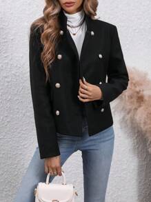 SHEIN Clasi Solid Double Breasted Overcoat - Black - View 1